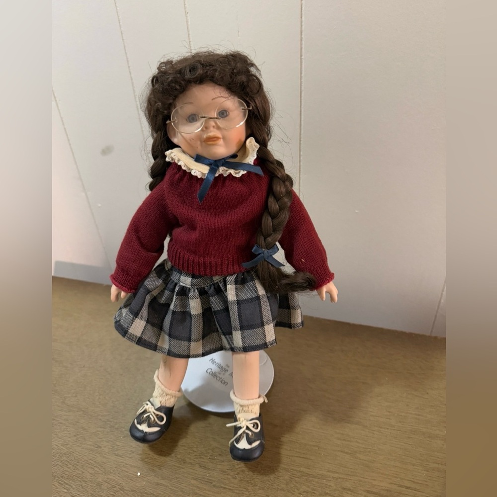 Vintage Style Kids Doll in Burgundy Sweater and Plaid Skirt